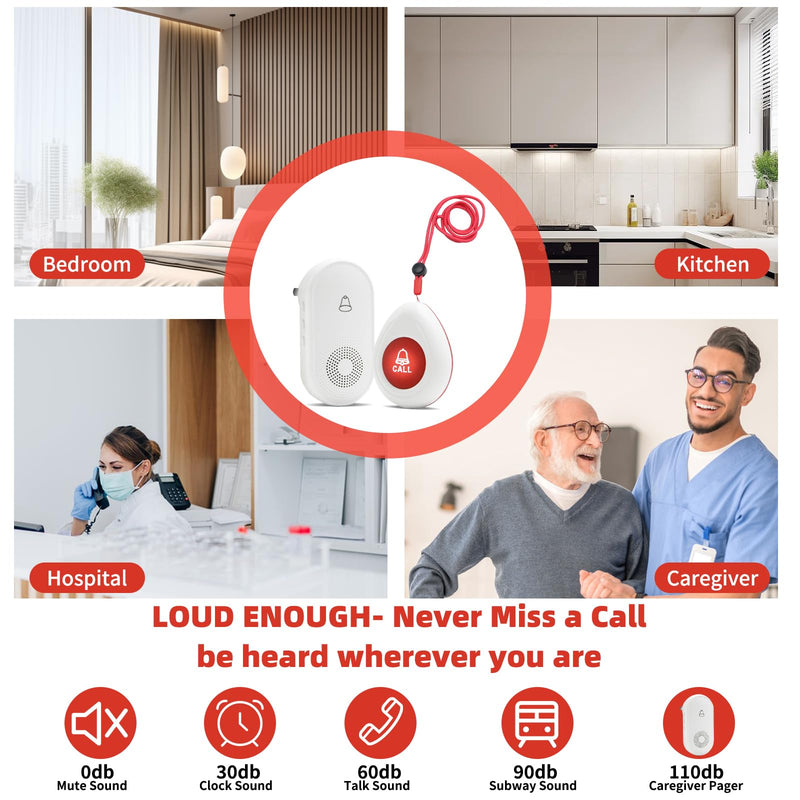 Nestling® Wireless Caregiver Pager SOS Call Button for Elderly Monitoring, Emergency Alert System Call Bell for Nurse Patient Disabled 1 Waterproof Transmitter & 1 Plugin Receiver