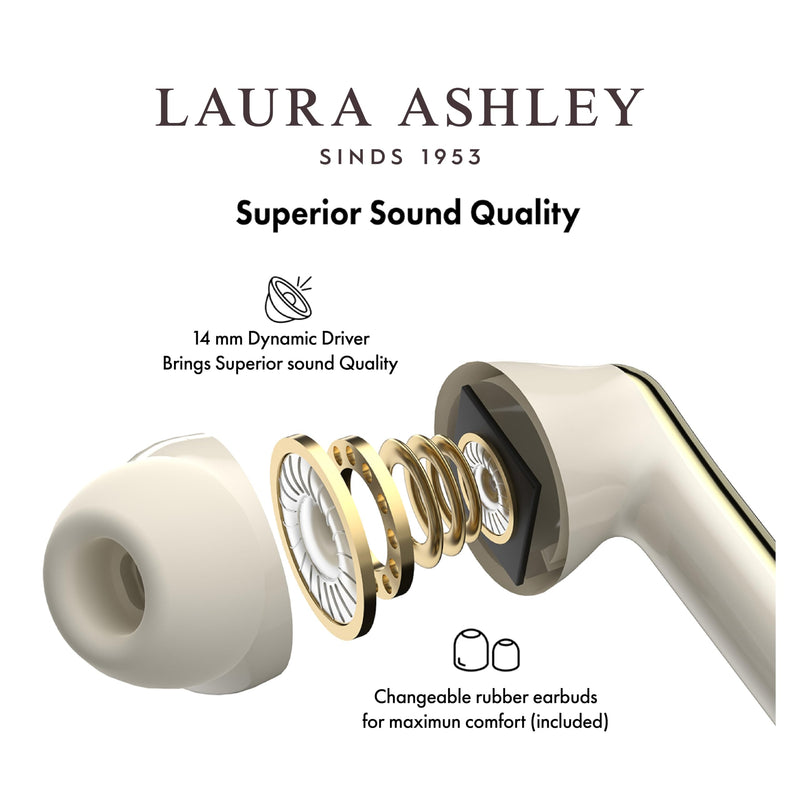 Laura Ashley Rosemore TWS Wireless Earbuds - Skylark Rechargeable Ear Buds | HD Mic, ENC Noise Cancelling Earbuds, Bluetooth 5.4, 40H Backup Charging Case, iOS & Android Compatible Earphones, 10m Range