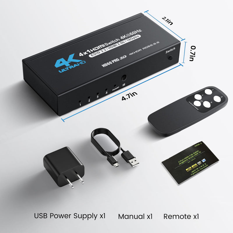 [AUSTRALIA] - NEWCARE 4K@60Hz HDMI Switch 4 in 1 Out with Type-C Charging Cable (4x1 4k@60Hz with Remote) 4x1 4k@60Hz with remote 