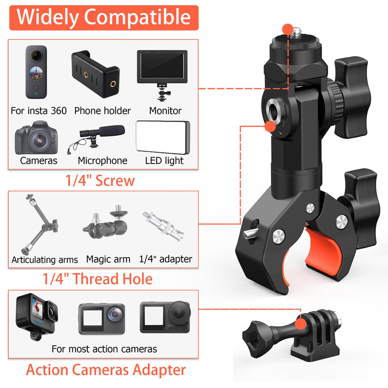 [AUSTRALIA] - Bike Motorcycle Handlebar Holder Action Camera Mount for Gopro 12/11/10/9/8/7/6/5/4 Insta360 X3/X4, Super Clamp Camera Mount Magic Arm Bracket with 1/4" Thread for DSLR/Lights/Monitor Pole Tube Mount Super Clamp Mount 