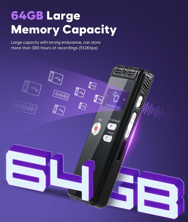 [AUSTRALIA] - 64GB Digital Voice Activated Recorder with Playback - 3072Kpbs HD Dual MIC Tape Voice Activated Recorder with Noise Reduction for Interviews/Meeting/Classes, 4608 Hours Audio Recording Device 601-64GB 