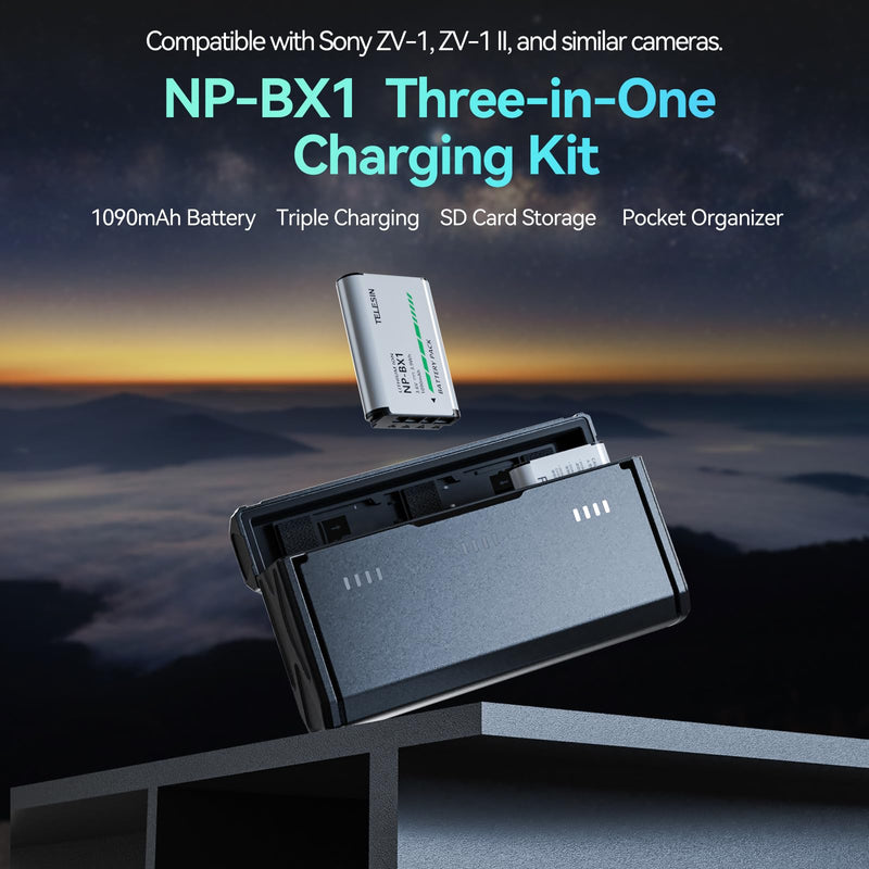 TELESIN 2 Pack NP-BX1 Battery and 3-Channel Battery Charger for Sony NP-BX1/M8, ZV-1, ZV-1 II, Cyber-Shot DSC-HX80, HX90V, HX95, HX99, RX1, RX1R II, RX100 (II/III/IV/V/VA/VI/VII), FDR-X3000, HDR-AS50