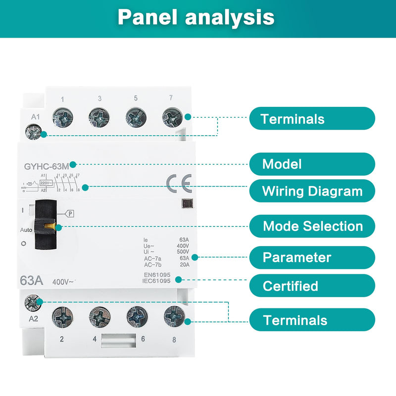 Ailao Contactor 400 V 3 Phase 4 Wire AC Contactor AC Household Contactor 4P 63A 4NO Ultra Quiet and Highly Efficient Flame Retardant DIN Rail Manual Automatic Model