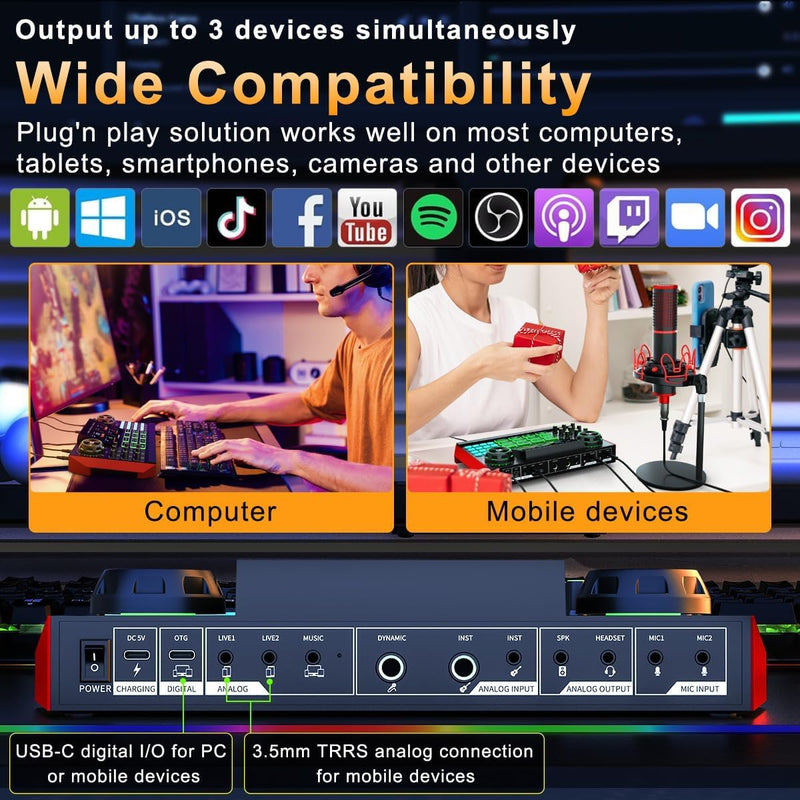 [AUSTRALIA] - Audio Mixer Podcast Equipment Bundle, XLR Studio Live Sound Card for Streaming Podcasting, Audio Interface DJ Mixer Sound Board for Microphone PC Mobile TikTok YouTube Video Content Creating Be-G9-US 