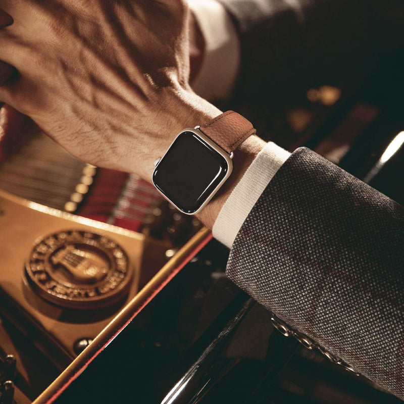 Fullmosa Compatible Stainless Steel No tools needed Apple Watch Band 41mm/40mm/38mm Silver with Case & Compatible Leather iWatch Band 41mm/40mm/38mm,Brown+Rose Gold