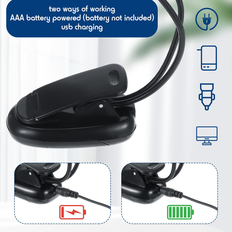 6 Pcs Music Stand Clip on Reading Light USB and AAA Battery Operated LED Book Lights in Bed 3 Brightness Levels Ideal for Musician, Piano Player, Kids, AAA Battery Not Included (Dual Arms) Dual Arms
