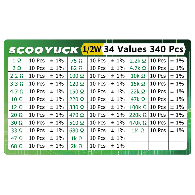 SCOOYUCK Resistance Assortment 1/2W 1 Ohm to 1M ohm 34 Values 340 Pieces Resistors Kit ± 1% Tolerance Resistance Set 1/2 W