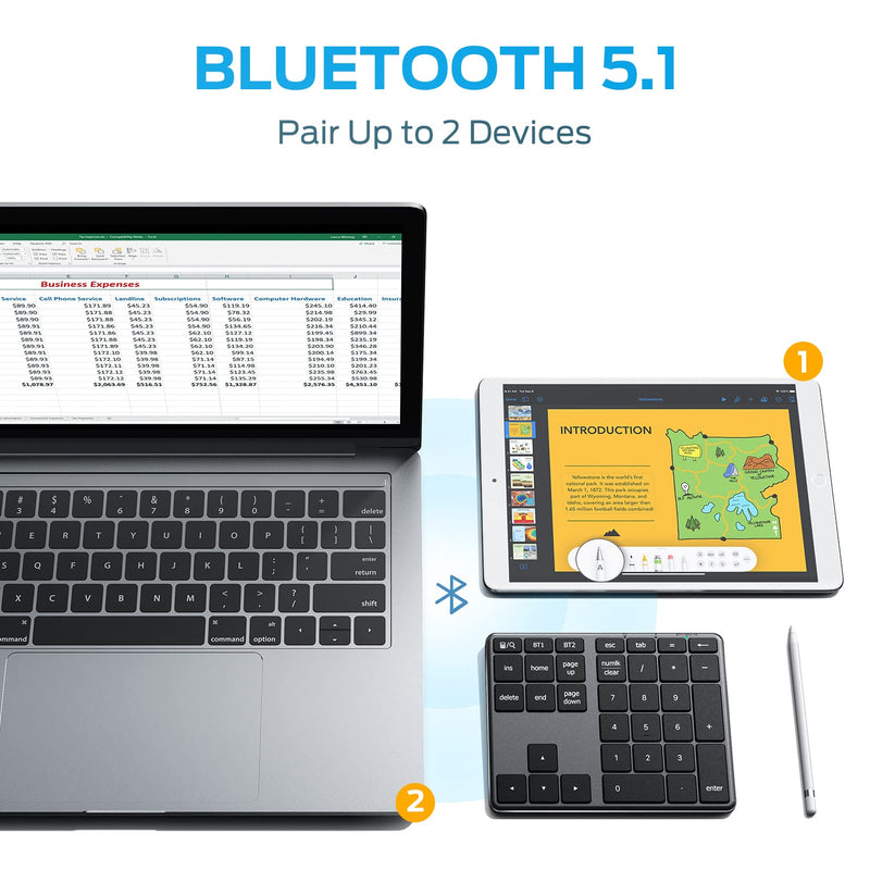[AUSTRALIA] - iClever Number Pad, Aluminum Wireless Number Pad for Multi Devices, USB-C Rechargeable, External 34-Keys Bluetooth Keyboard for Data Entry, Compatible for Laptop, Mac, iMac, Tablet, PC Desktop Black 