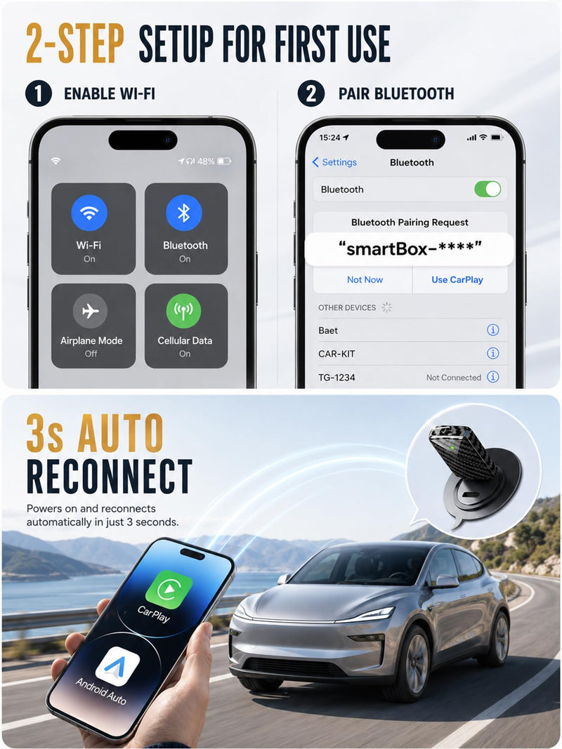 Wireless CarPlay Adapter - Convert Wired to Wireless, Fast Auto Connect and No Lag, Plug & Play USB with Gold-Plated Connector, Carbon Fiber Design, Compatible with iPhone 6 or Above