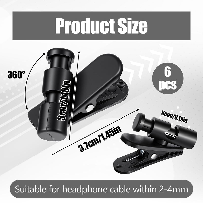 6 Pack Headphone Wire Clips, Rotatable Wire Clips Cable Cord Clamp Hooks Collar Clothing Clip Earphone Winder Earbud Cable Clip Clamp Hooks to Keep Microphone Cord for 2-4mmDiameter Round