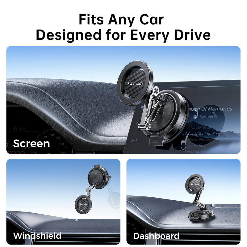 SYNCWIRE for MagSafe Car Mount Vacuum Magnetic Phone Holder Dash Windshield | Strong Magnets, Replaceable Suction Cup, Foldable 3 Axis, 360° Rotation, Tesla Screen Mount, iPhone 17 to 12 Pro Max Plus Carbon Fiber