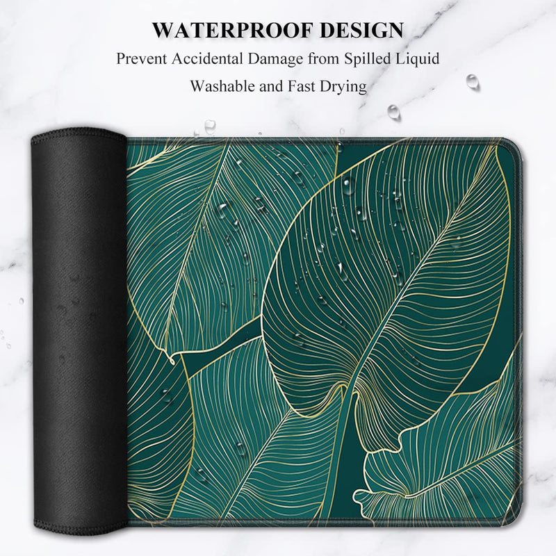 Auhoahsil Desk Pad, XL Extended Large Gaming Mouse Pad 31.5 x 11.8 Inch, Waterproof Mousepad with Stitched Edge, Non-Slip Computer Keyboard Laptop Mat for Women Men Office Work, Teal Tropical Leaves