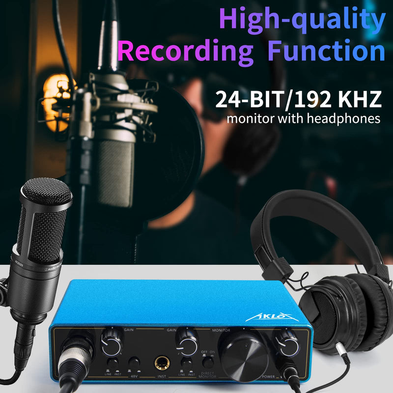USB Audio Interface, AKLOT Xrl Audio Interfaces, for the Guitarist, Vocalist, Podcaster or Producer, 24-bit/192 kHz High-Fidelity, Studio Quality Recording, 2 In 2 Out Audio Interfaces for PC/Win/Mac 2In-2Out Blue