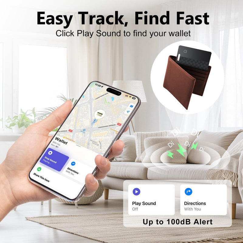Ultra-Thin Wallet Tracker Card(iOS Only), Bluetooth Tracker Smart Card for Apple Find My iPhone Wallet GPS Tracker, Supports Wireless Charging, 10 Years Battery for Luggage, Wallets, Backpacks, Keys Black and Black and Black and Black