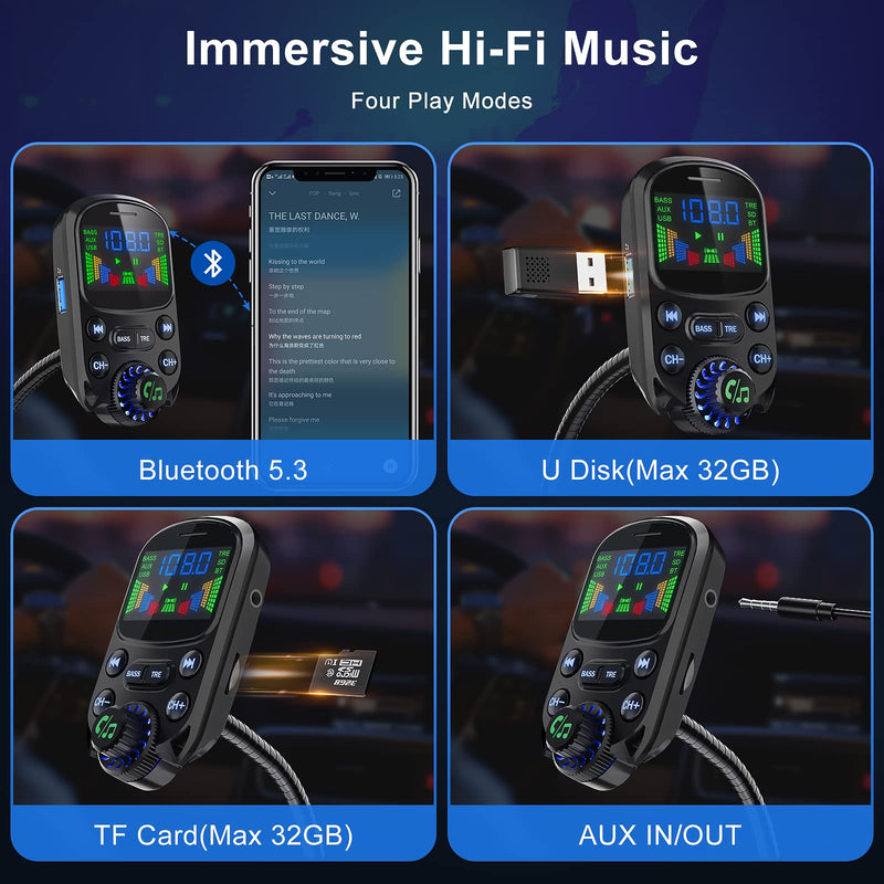 [AUSTRALIA] - Bluetooth 5.3 FM Transmitter for Car SOARUN Bluetooth Car Adapter PD30W & USB Port Fast Charge, HiFi Treble & Bass Player, 1.6" Display Hands-Free Calling Truck Radio with AUX Input/Output, TF Card Beige 