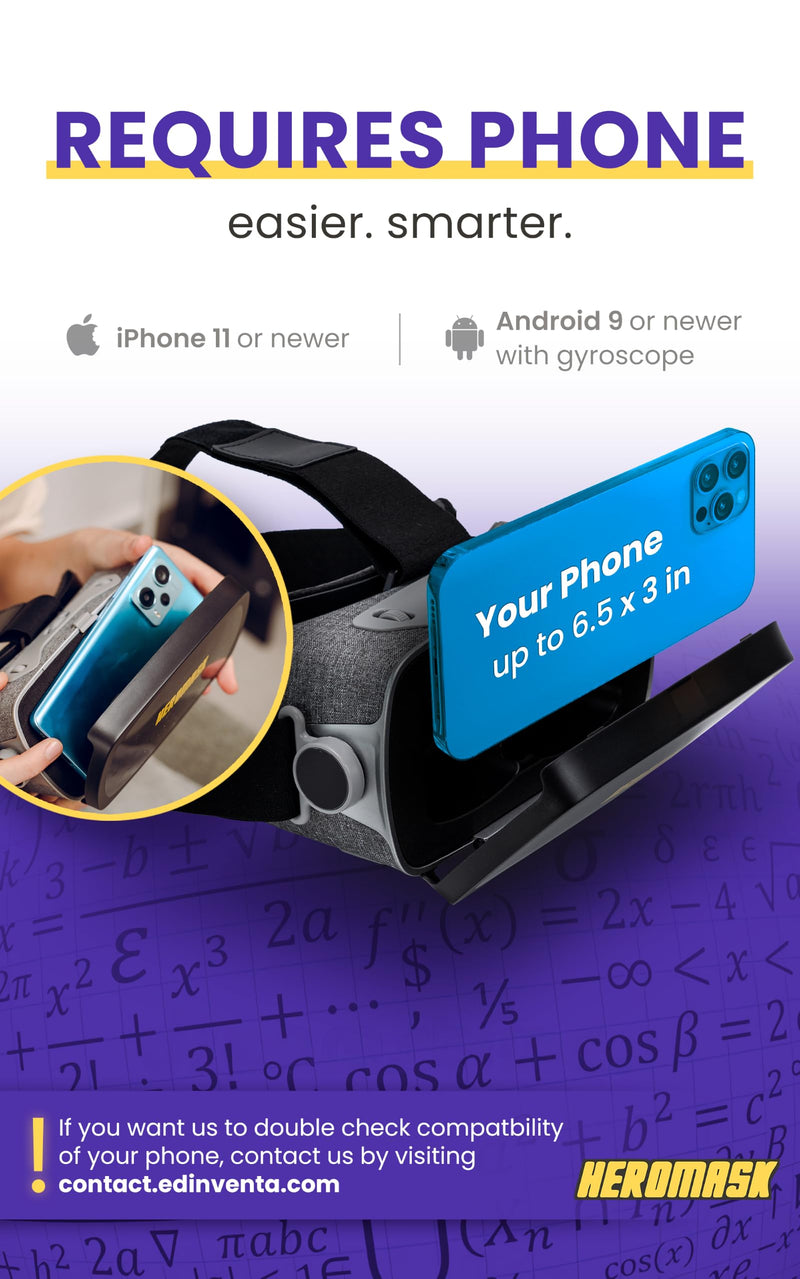 Heromask Educational VR Headset for Kids 5-12, Math Games, Phone Powered | Uses your own iPhone or Android. Times tables, addition and division games built with teachers. Birthday or school gift. Mathematics