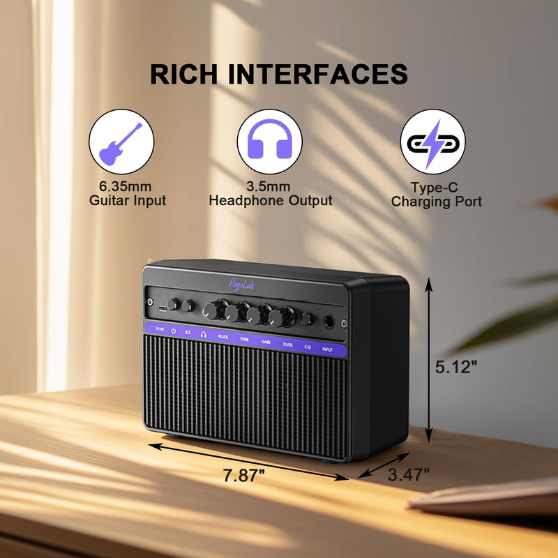 [AUSTRALIA] - Portable Electric Guitar Amplifier, PogoLab Mini 10W Dual Speakers Bluetooth Amp with Rechargeable Battery (5H Play), Clean/Distortion Effects, Headphone Output for Electric Guitar Practice Anywhere Black Purple 