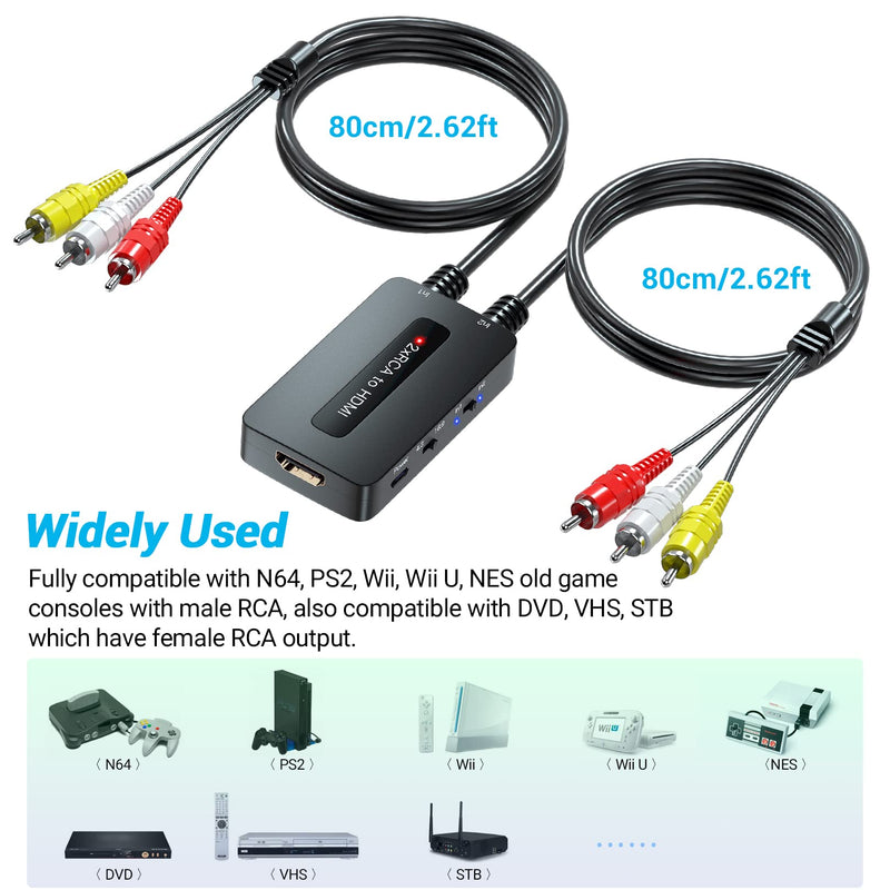 Dual Port RCA to HDMI, Double Composite AV to HDMI Converter, Two RCA in One HD Out Converter for N64/Wii/PS2/DVD/VHS to Display On Newer TVs