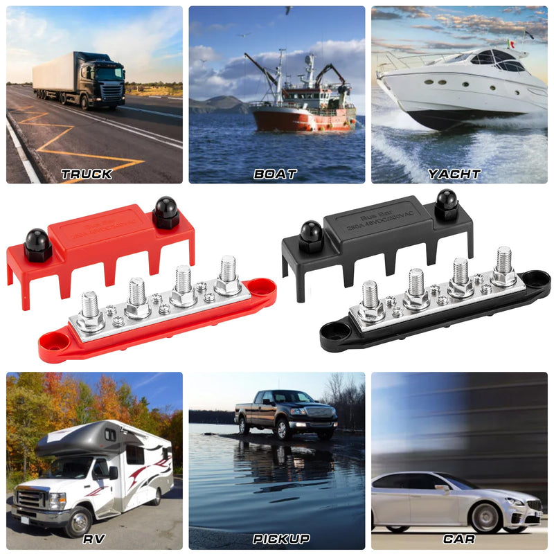 250 A 12 V Busbar 4 x M8 (5/16 Inch) Terminal Bolts DC Bus Bars Distribution Block with Cover, Negative & Positive High Performance Module BusBar Box for Car, Boat, Solar System (M8)