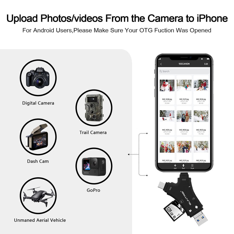 SD Card Reader for iPhone / ipad / Android / Mac / Computer / Camera,4 in1 Micro SD Card Reader Trail Camera Viewer, Portable Memory Card Reader SD Card Adapter Compatible with SD and TF Cards(Black) black