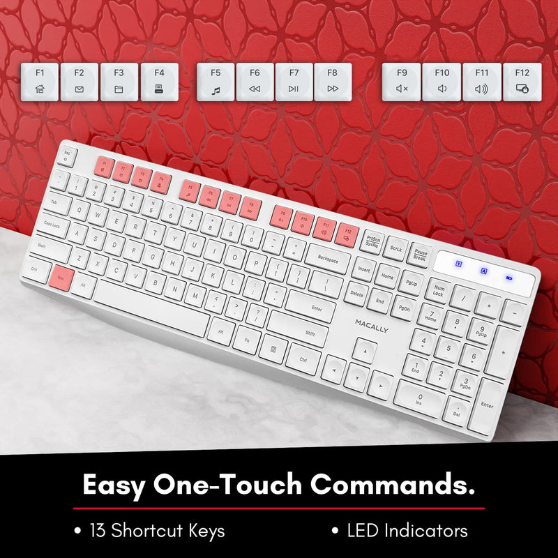 Macally 2.4G USB Wireless Keyboard for Laptop or Computer - Keep it Simple - Full Size Keyboard with Numeric Keypad & 13 Shortcut Keys - Plug and Play PC Keyboard Wireless - White Keyboard Cordless