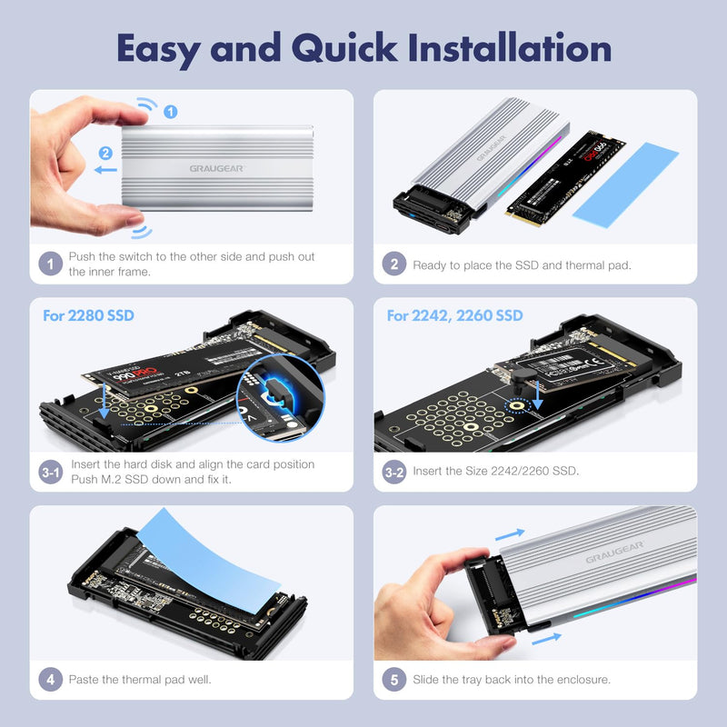 GRAUGEAR M.2 SSD NVMe Enclosure RGB, 10Gbps USB3.2 Gen2 Tool-Free Aluminum External M2 Solid State Drive NVMe Enclosure USB C, RTL9210 External Case for PCIe NVMe M-Key B+M Key [G-M901-AC-10G]