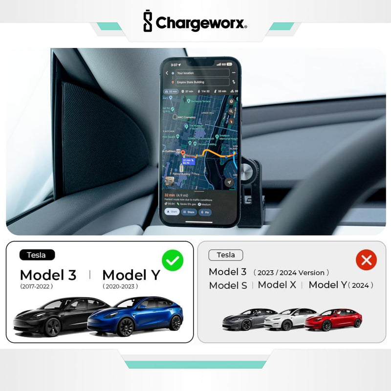 MagSafe Car Mount, Magnetic Phone Holder for Tesla Model 3 & Y, Vent Mount | Magnetic iPhone and Android Holder, 3-Prong Clip For Easy Install, 360° Foldable & Adjustable, Portrait or Landscape View