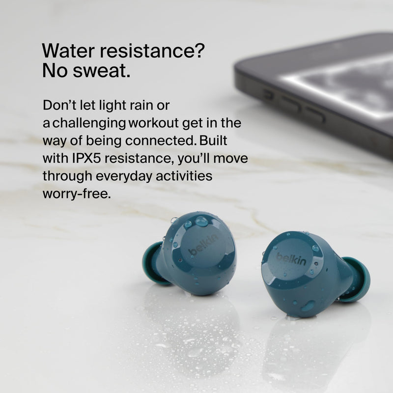 Belkin SoundForm Bolt True Wireless Earbuds, Wireless Charging, 28H | In-ear Bluetooth earbuds, IPX4 sweat resistant, USB-C and Qi charging case, mono mode, gym, commute, travel Teal