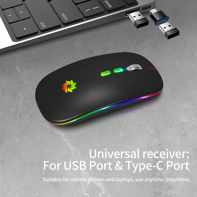 LED Wireless Mouse Slim Silent Mouse 2.4G Rechargeable Wireless Computer Mouse Wireless Mouse for Laptop, MacBook, iPad, Chromebook, with USB & Type-c Receiver Black with LED Backlit