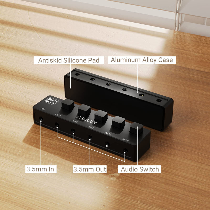 Cubilux 5-Way 3.5mm Headphone Splitter with Switch Control, Aluminum Case 5-Channel 1/8” Stereo Audio Splitter, Multi-Port TRS AUX Share/Split Box/HUB for Speaker Earphones Laptop PC Smartphone Tablet