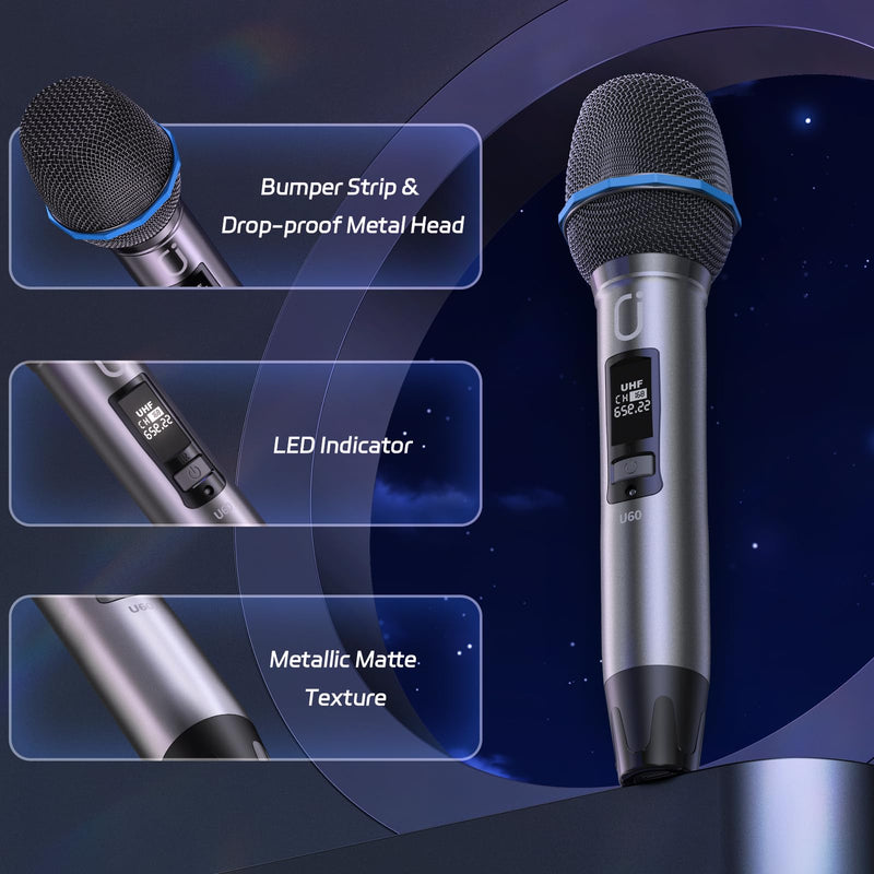 Wireless Microphones, Two UHF Microphones for Karaoke Singing, Rechargeable Dynamic Mic System with Receiver for Church, Party, Meeting, Speech, PA System, Plug and Play 20W