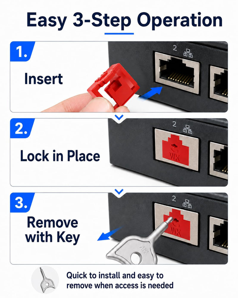 100-Pack RJ45 Port Lock with 5 Keys, Security Network Port Lock & Dust Cover,Female RJ45 Connector Blocker Cap Protector for Computers,Servers, Routers & More (Red) 100+5 Red
