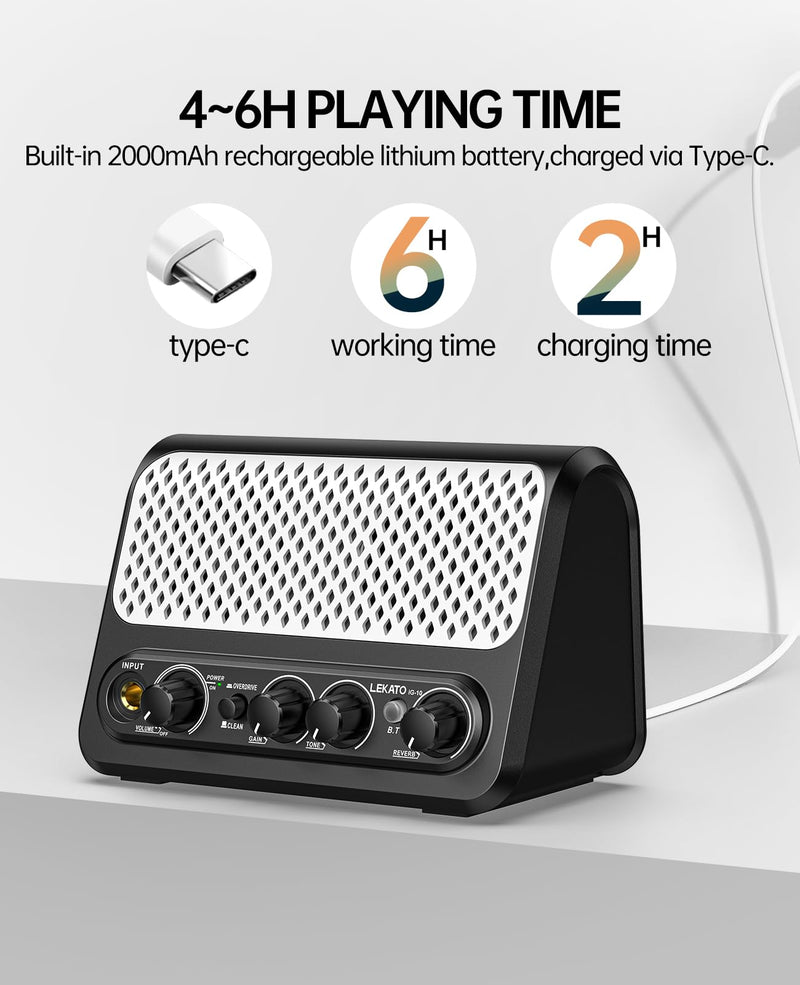 [AUSTRALIA] - Mini Guitar Amp,LEKATO 10W Portable Electric Guitar Amplifier with Clean & Overdrive Channel,Reverb,Bluetooth Small Guitar Amp for Practice (Black-White) Black-White 