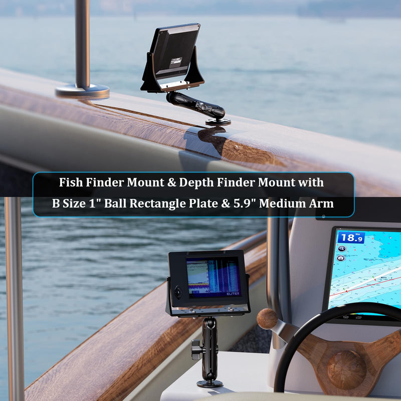 LOKTENWO Aluminum Alloy Fish Finder Mount, Marine Electronic Mount | With B Size 1" Ball Rectangle Plate, 5.9" Medium Arm, AMPS Hole Round Base Compatible with Garmin, Lowrance, Raymarine