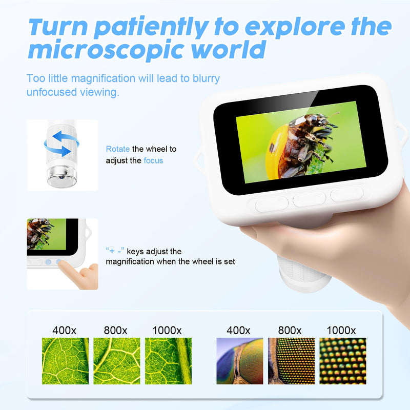 [AUSTRALIA] - 1000X Handheld Digital Kids Microscope with 3.0" IPS Screen, USB-Powered STEM Educational Science Toy with 8 LED Lights & Photo/Video Capture, Portable Learning Gift for Boys & Girls White 