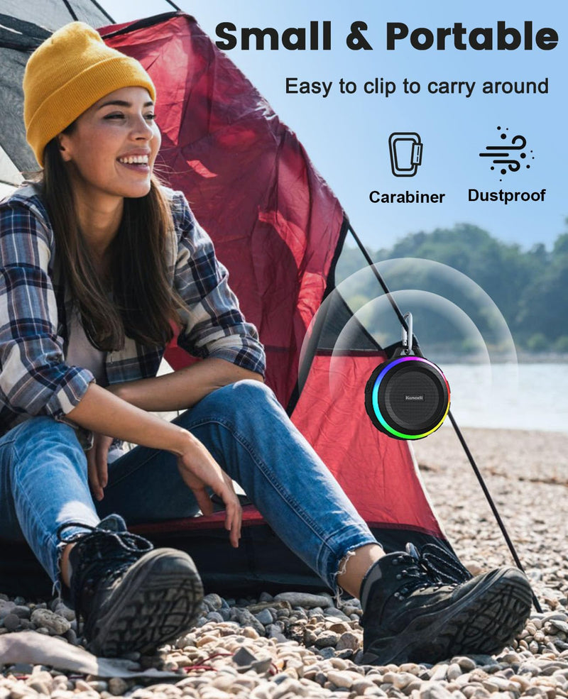 Kunodi Bluetooth Shower Speaker with IPX7 Waterproof, Dynamic Lights, Crisp Clear Sound, True Wireless Stereo, Clip Portable for Pool Beach Boat Kayak Float Golf Gift WaterproofBlack