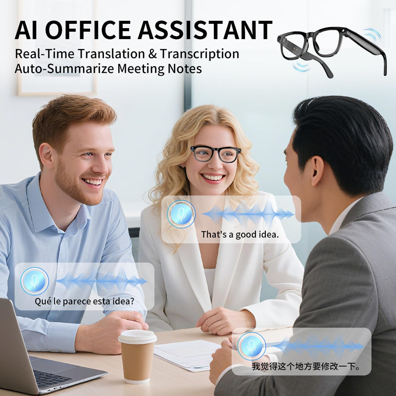 AI Translation Smart Glasses with Built-in AI Assistant & 800W Camera, ENC Noise Cancelling, USB-C Fast Charge for International Travel and Business Meetings Black