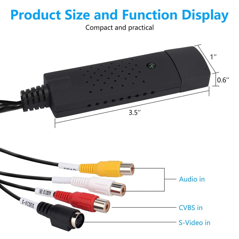 USB Video Capture Card – RCA to USB Audio Video Converter for VHS, Mini DV, VCR, Hi8, DVD to Digital, Support PAL/NTSC, Works with Windows & Mac
