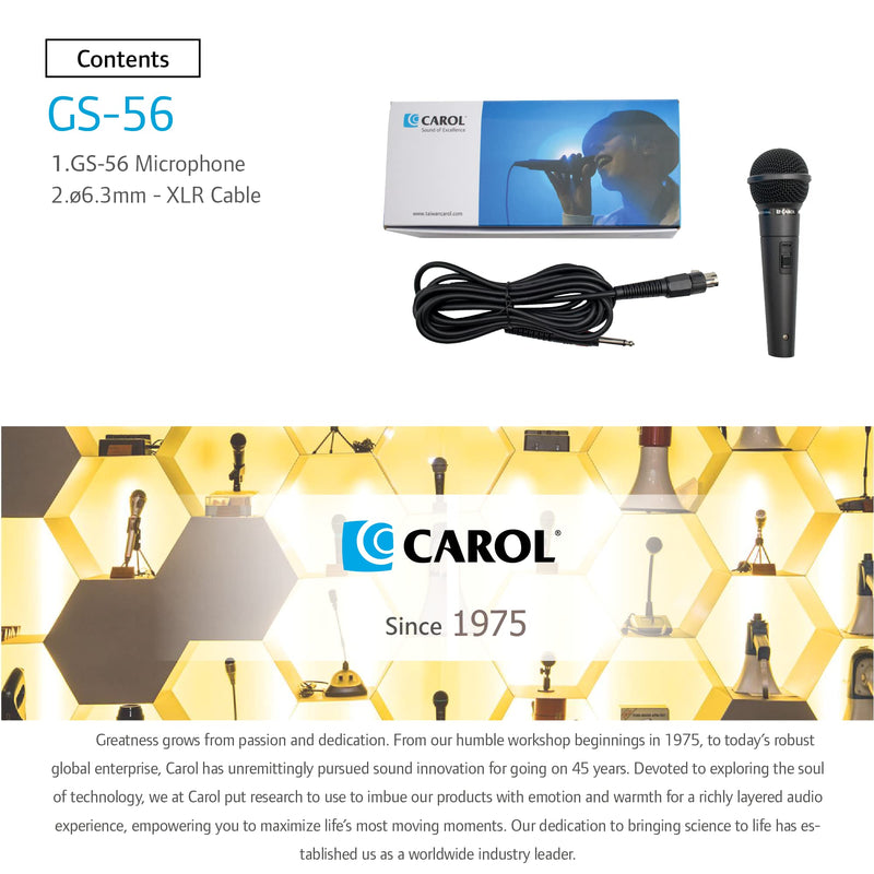 CAROL GS-56 XLR Vocal Microphone for Presentations & Public Speaking – Dynamic Cardioid Mic for Teaching & Seminars. Pro-Tuned for Natural Sound, Includes Mic, XLR to 1/4" Cable & Switch