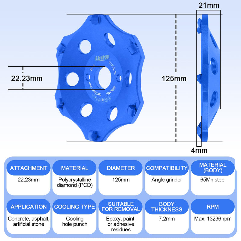 PKD PCD Diamond Cup Wheel 125 mm, Diamond Cup Wheel Grinding Wheel for Angle Grinder, Diamond Grinder for Tile Adhesive, Colour Coating, Angle Grinder Grinding Pot, 6 Segments