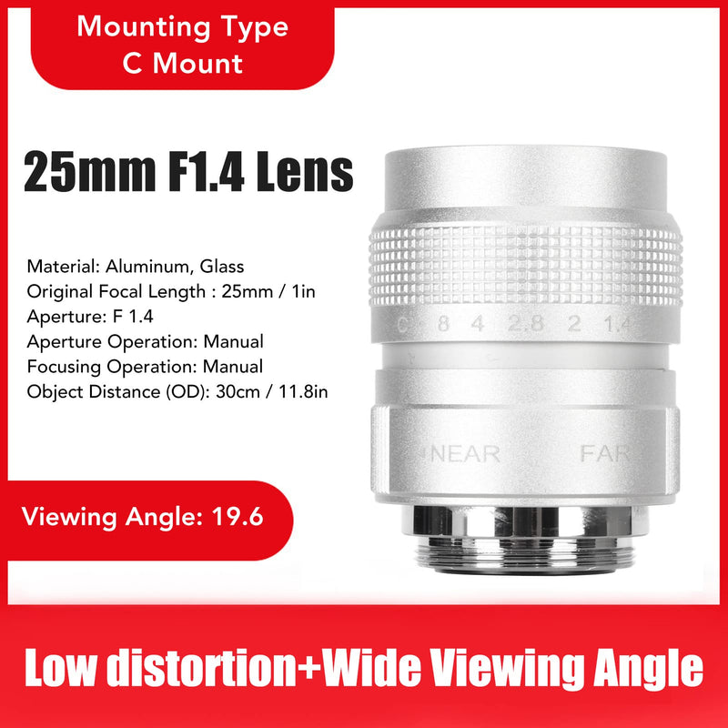 Pomya 25mm F1.4 Large Aperture Manual Focus, CCTV Lens, Prime MFT Lens for M43,Support Bar Shop Parking House Warehouse (Silver) 25mm F1.4 White