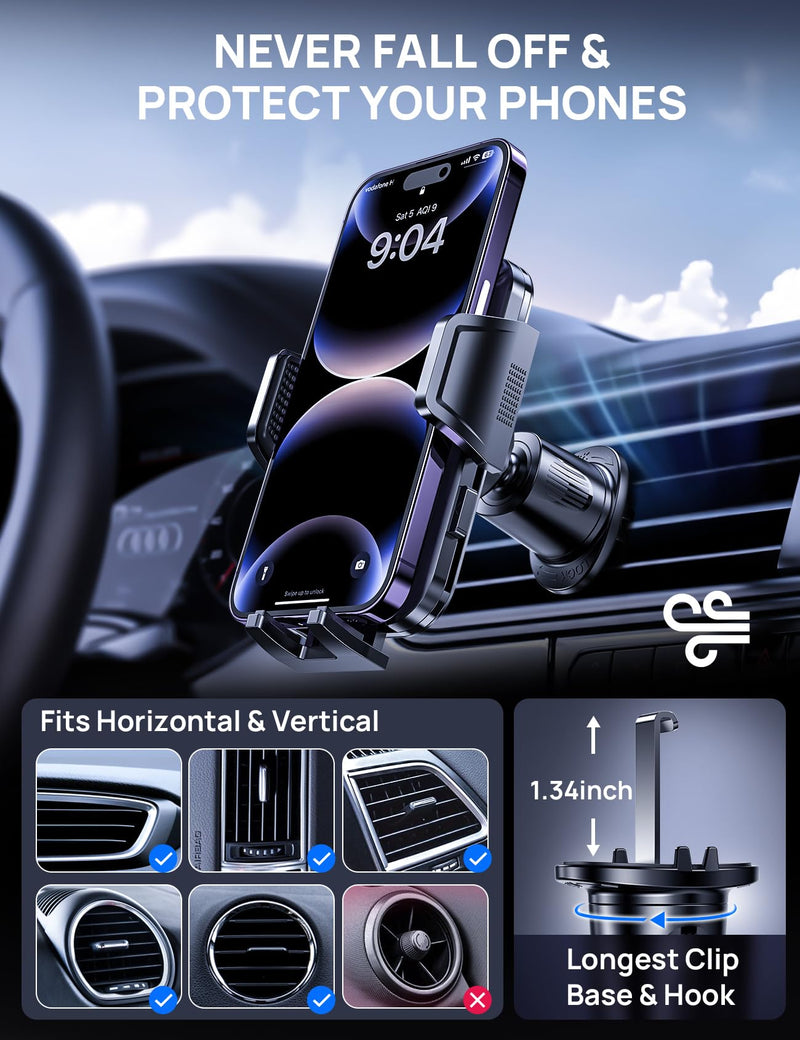 [2024 Newest] Car Vent Phone Mount, [Upgrade Hook Clip Never Shake] Adjustable 360 Rotation Vent Clip Car Phone Holder Mount, Big Phone & Thick Case Friendly Fit for All iPhone, Samsung & Cell Phone AC-Black Air Vent Hook