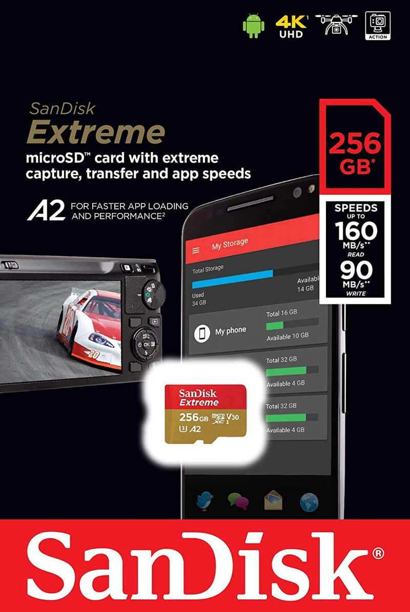 SanDisk Extreme 256GB Micro SD Memory Card for GoPro Works with GoPro Hero 9 Black Camera UHS-1 U3 / V30 A2 4K Class 10 (SDSQXA1-256G-GN6MN) Bundle with 1 Everything But Stromboli MicroSD Card Reader