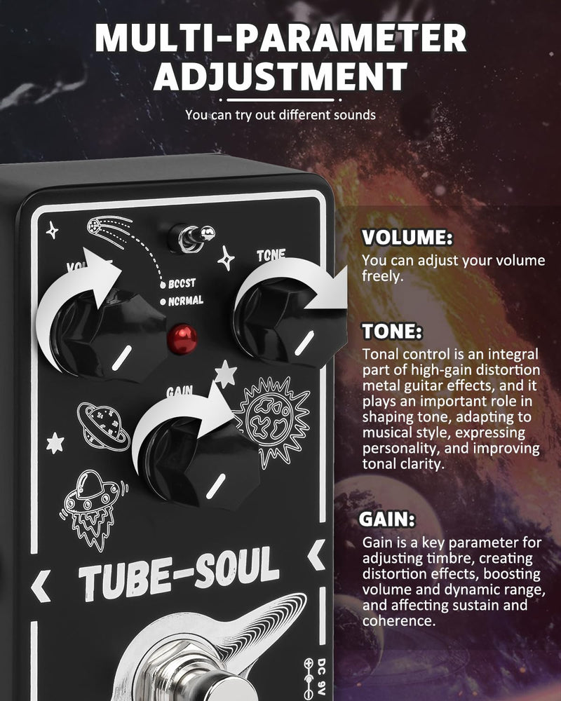 STRICH TUBE SOUL Tube Overdrive Distortion Pedal for Electric Guitar, Compact Mini Single Unit, True Bypass, 3 Control Knobs, Volume, Tone, Gain, Dual Modes, Boost, Normal, 9V DC, Black and White Black and White Overdrive Distortion