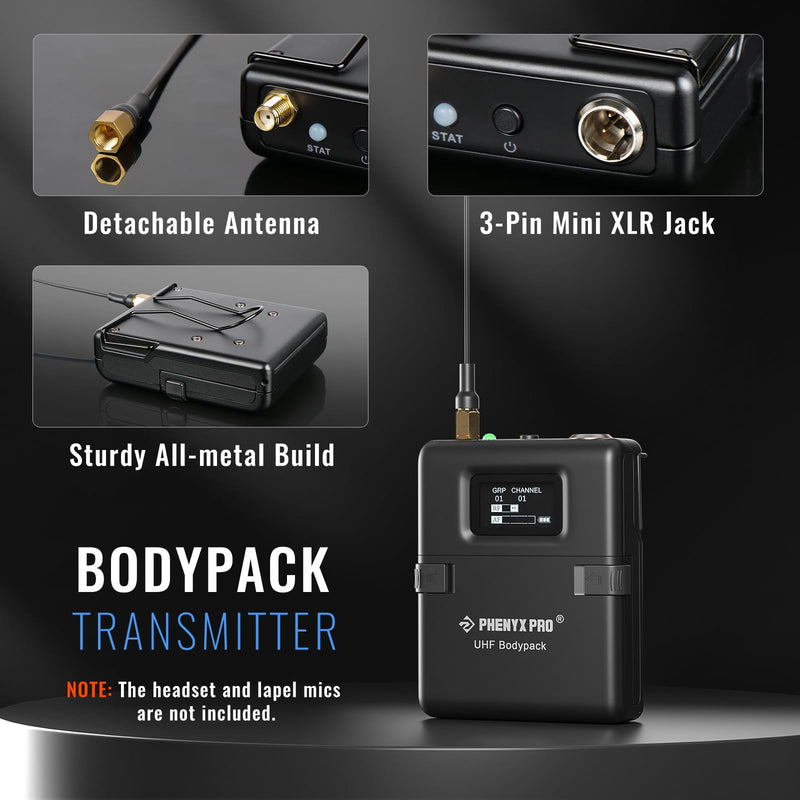 Phenyx Pro Wireless Bodypack Transmitter, UHF Bodypack Microphone for PTU-1U/PTU-2U True Diversity Wireless Microphone Systems, w/Tunable Channels, Mute Function (PWB-12)