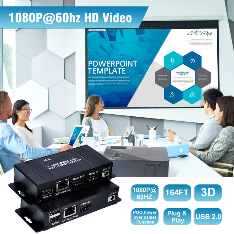 164ft HDMI KVM USB Extender (Transmitter + Receiver) | HDMI to RJ45 Over Cat5e/6/7, Zero Latency 1080p@60Hz USB Keyboard/Mouse Control, Single Power Plug & Play