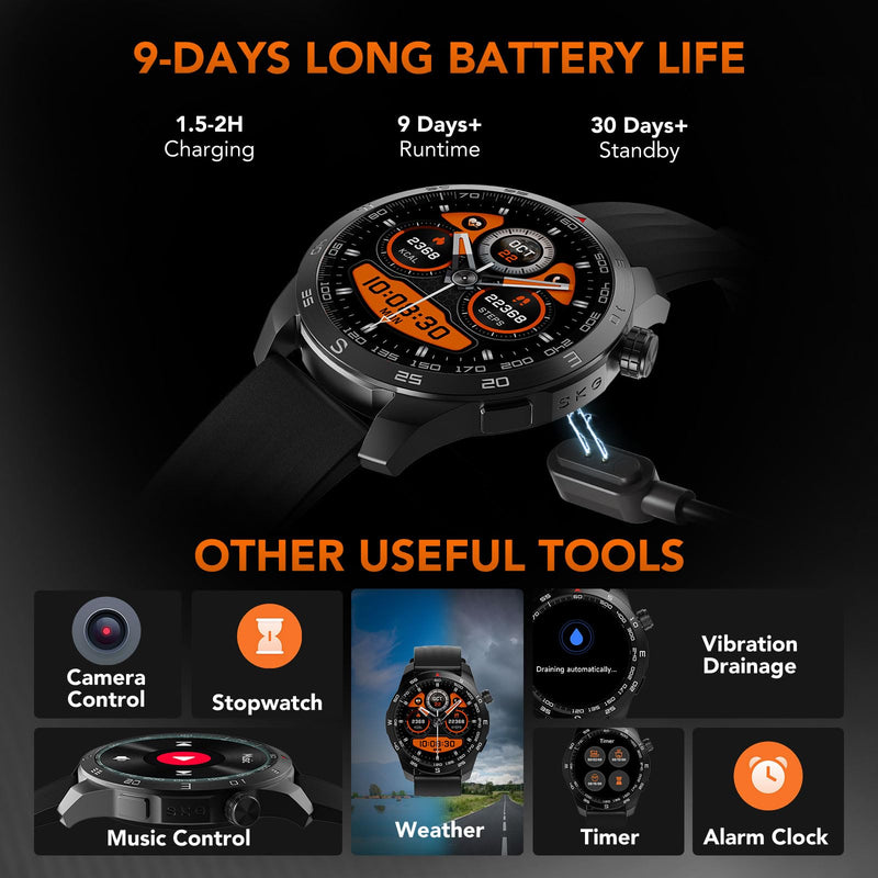 SKG Smart Watch for Men Women, 1.43" GPS Built-in Smartwatch with 100+ Sports Magnetometer Barometer, 9-Day Runtime 5ATM Waterproof Fitness Watch, for Health Tracker Android iPhone Compatible, GT5 Orange