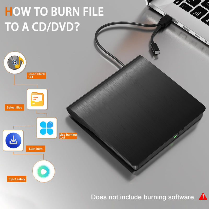 External CD/DVD Drive for Laptop PC CD DVD Player USB 3.0 Portable Optical Drive CD Burner Compatible with Windows 10 11 Linux Mac OS (Black) Black