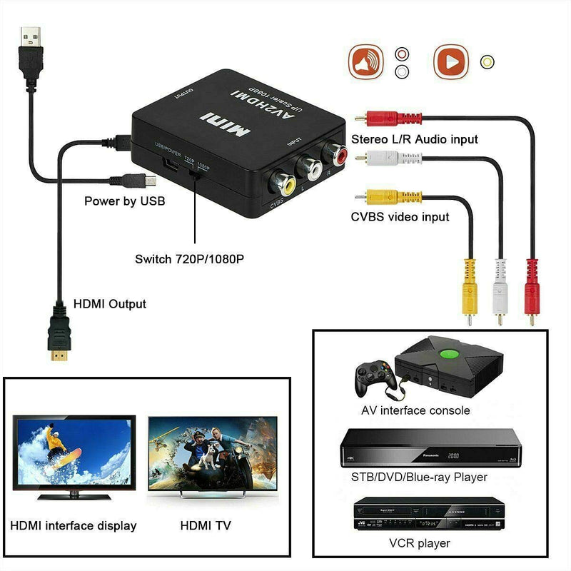 BD&M AV to HDMI Converter, RCA to HDMI, 1080P Mini RCA Composite CVBS Video Audio Converter Adapter Support PAL/NTSC for TV/PC/ PS3/ STB/Xbox VHS/VCR/Blue-Ray DVD Players - Black