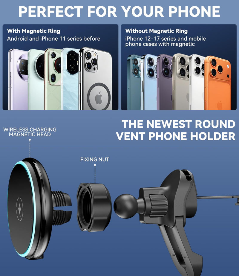 15w Charger Car Phone Mount for Magsafe, Air Vent Car Mount Magnetic Wireless Phone Holder for Mercedes Benz A/B/C/E/V/G/Class & Audi A1/A3/A3 for iPhone 17 16 15 14 13 12 Pro Max, Black Charger Air Vent Car Mount